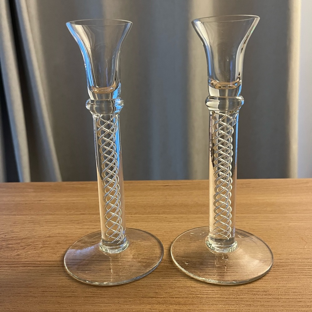 Air Twist Stem Pair of Candlesticks - MCM Blown Glass Candle Sticks